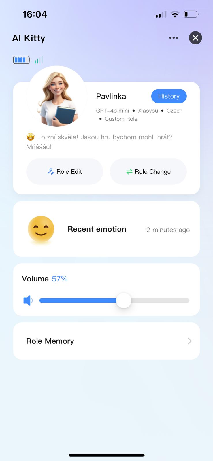 Aplikace AI Kitty – nastavení postavy Zofka