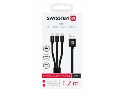 23602 kabel textile 3v1 2x usb c 1x lightning 1 2 m swissten cerny 48154