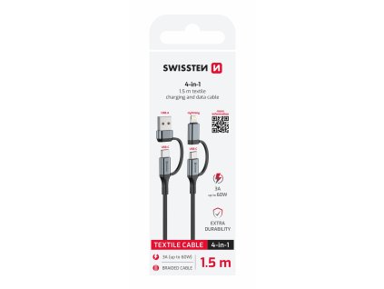 32432 kabel textilni 3a 4v1 2x usb c 1x lightning 1x usb a 1 5 m swissten cerny 49231
