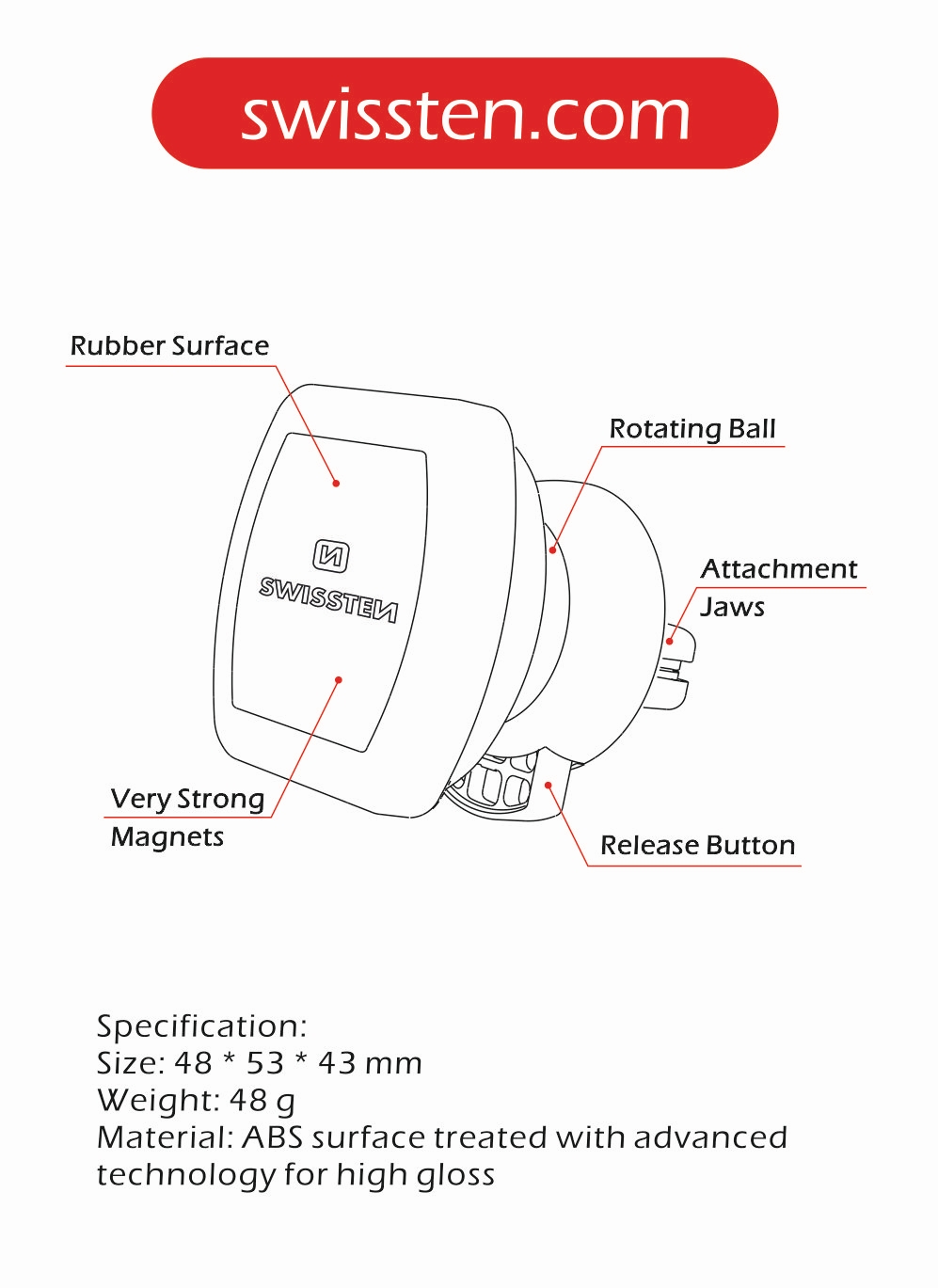 Magnetický držák mobilu do mřížky na kloubku SWISSTEN AIR VENT M3, 45149