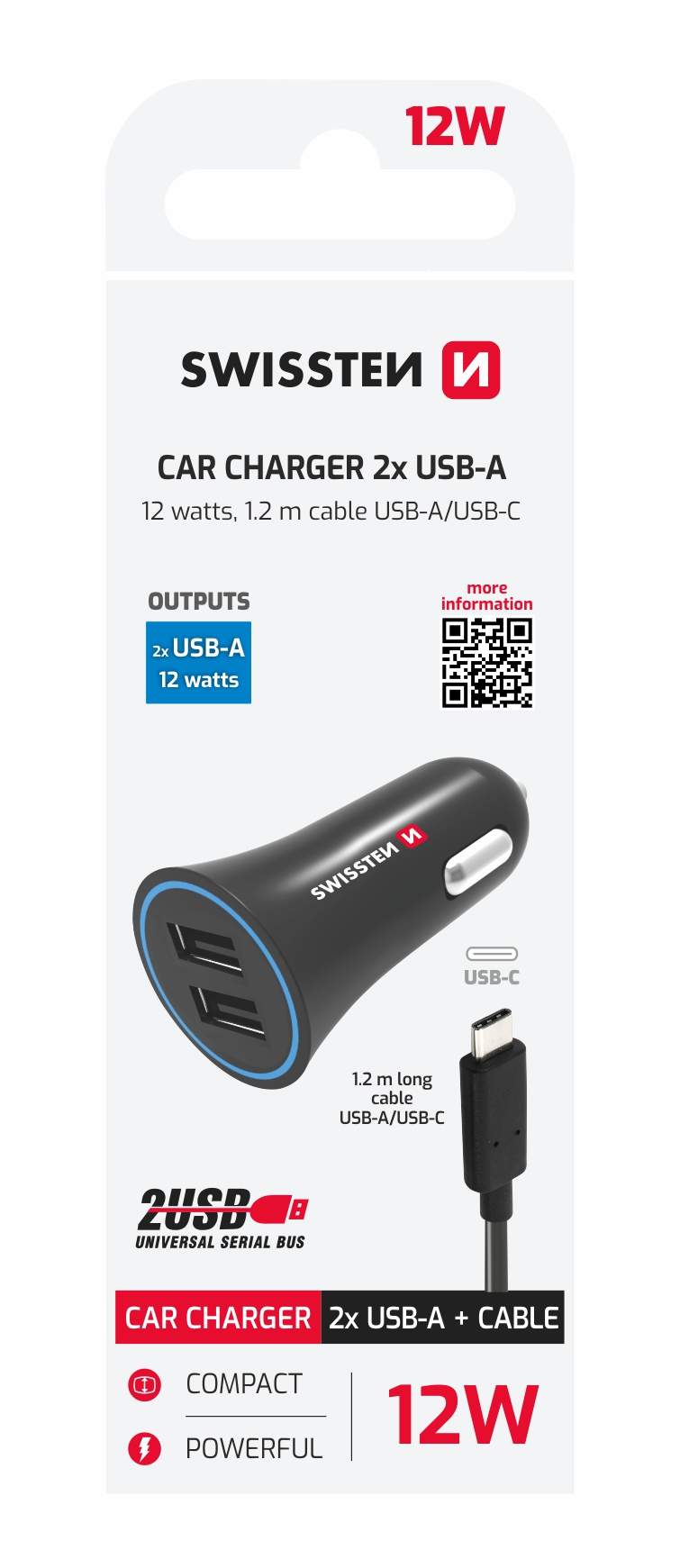 Zástrčka SWISSTEN s 2x USB výstupem 2,4 A, 12/24V s kabelem USB-C, 45349