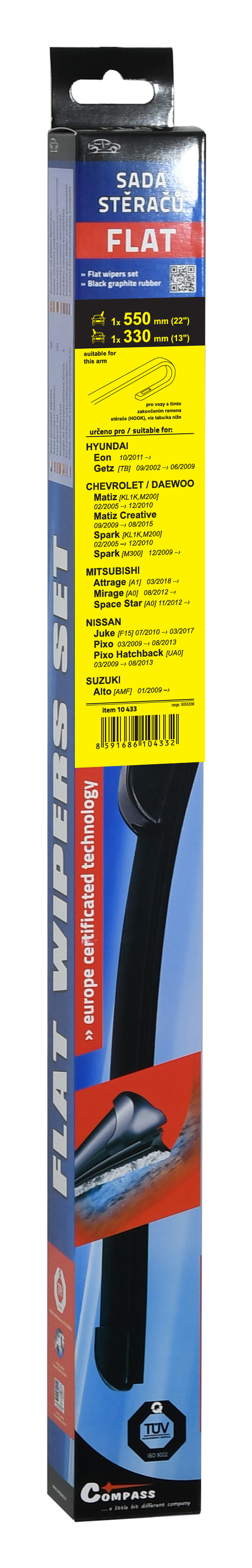 Stěrače FLAT SET (HOOK) 550+330mm, 10433