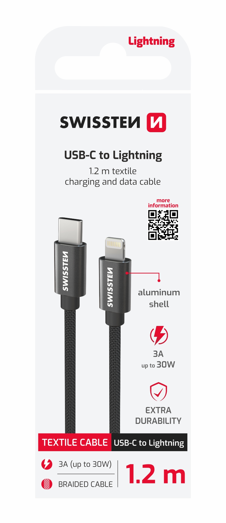 Kabel USB-C / Lightning, 1,2 m, SWISSTEN černý, 45585