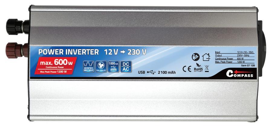 Měnič napětí 12/230V 600W + USB, 07109