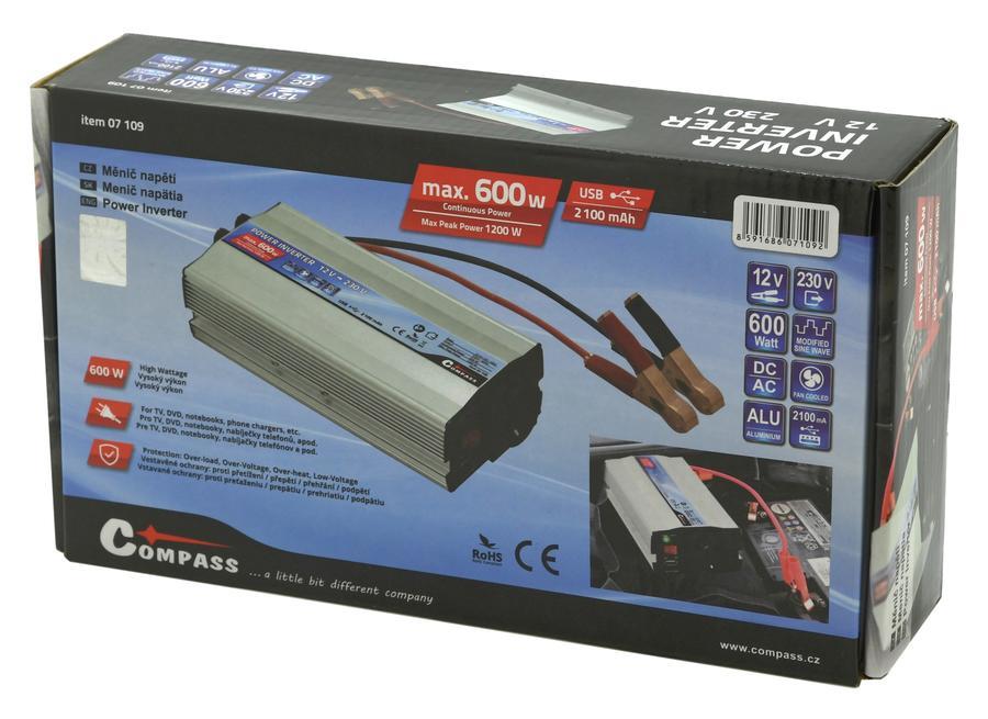 Měnič napětí 12/230V 600W + USB, 07109