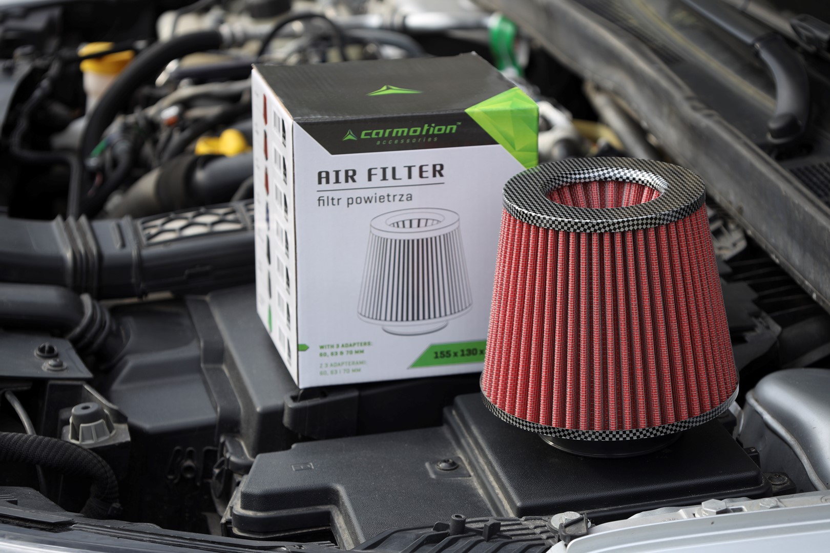Filtr vzduchový UNI 155x130x120mm, červený/carbon adaptér 60, 63, 70mm, 83151