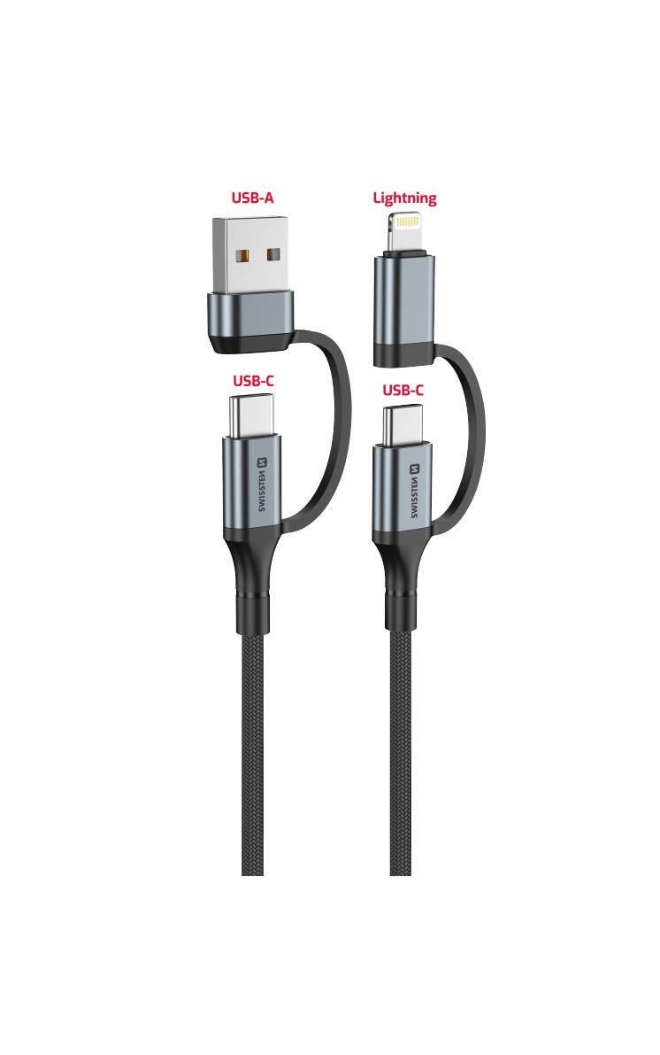 Kabel textilní 3A 4v1 2x USB-C, 1x Lightning, 1x USB-A 1,5 m, SWISSTEN černý, 49231