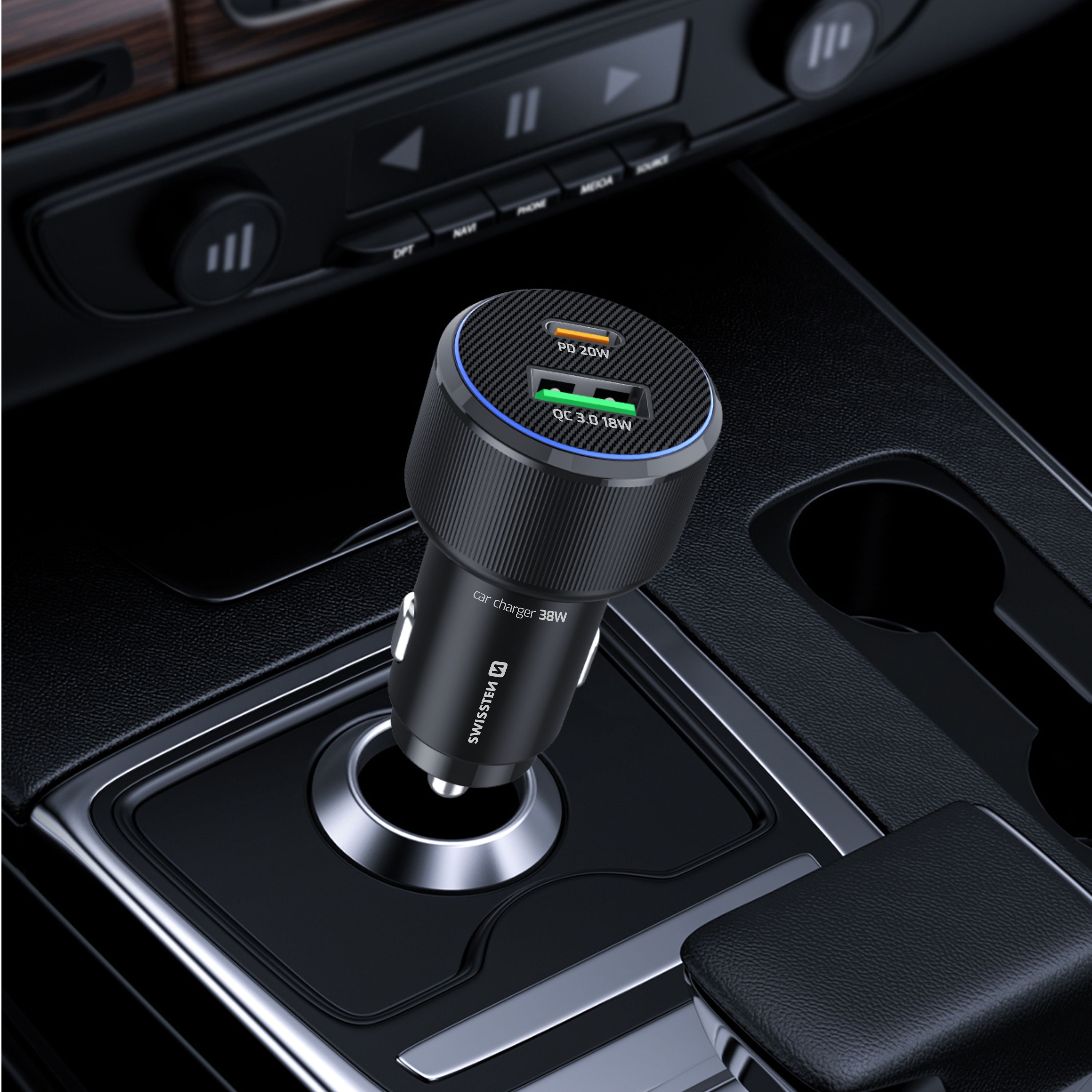 Zástrčka SWISSTEN s 1x USB-C Power Delivery a 1x USB-A Qualcomm 38W, černý, 49317