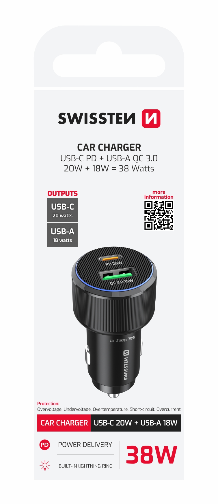 Zástrčka SWISSTEN s 1x USB-C Power Delivery a 1x USB-A Qualcomm 38W, černý, 49317