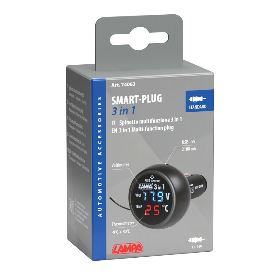 Voltmetr digitální s teploměrem a USB 2,1Ah, 74063