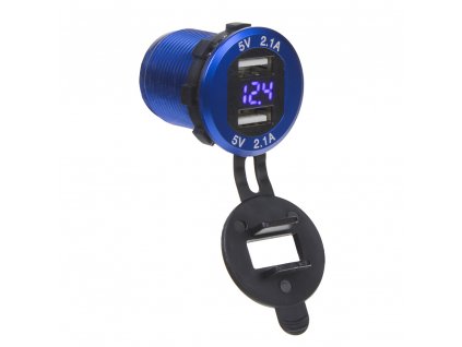 2x USB nabíječka s voltmetrem, hliníková do panelu, modrá