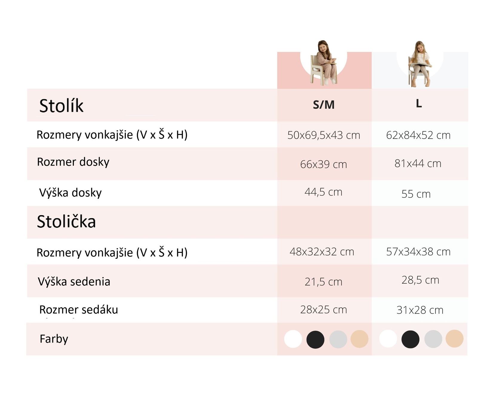 Montessori stolik stolicka set rozmery