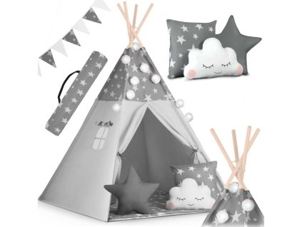 vyr 1520 111661 teepee stan pre deti s girlandou a svetlami nukido sivy s hviezdickami