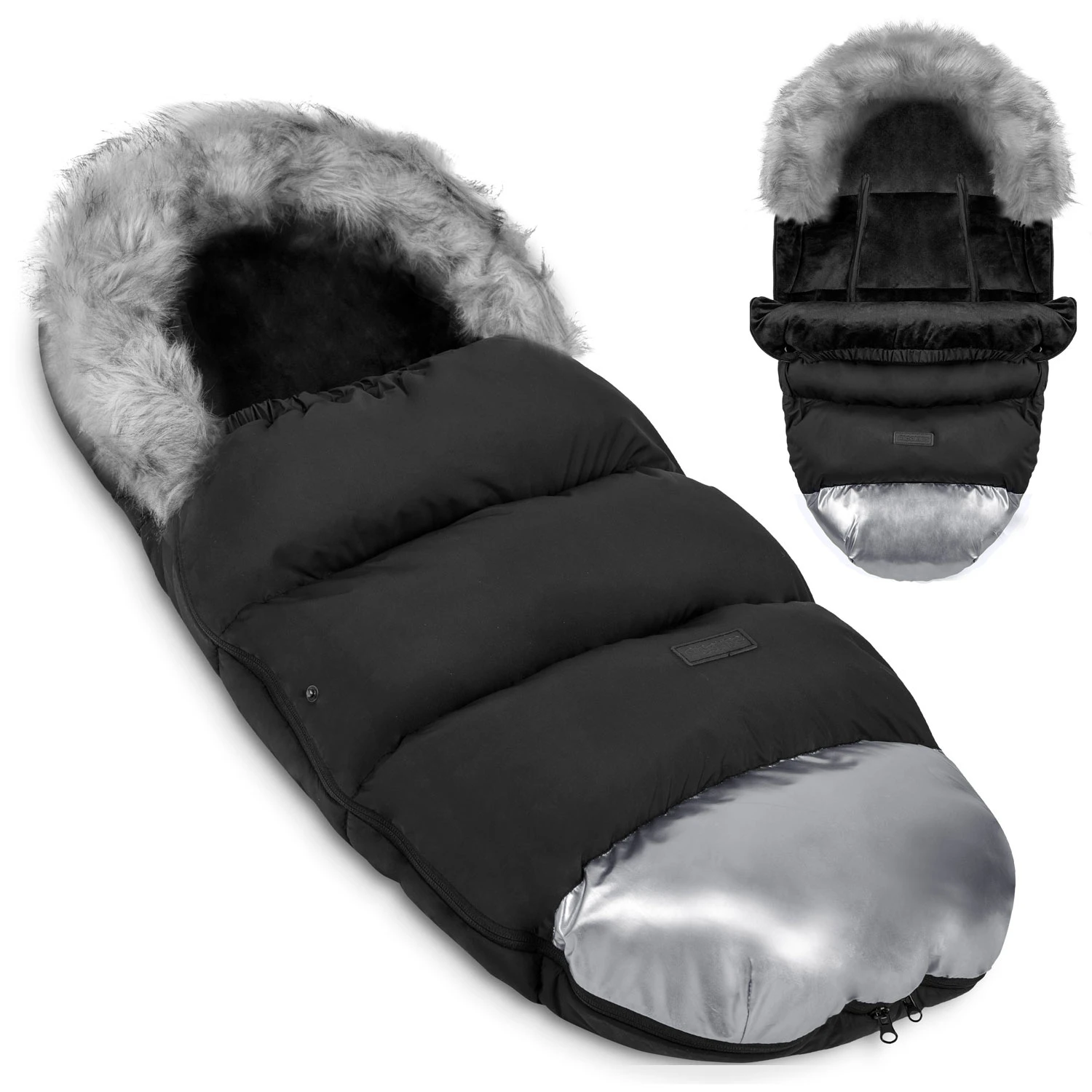 Elmi zimný detský fusak do kočíka s kožušinou – čierno strieborný