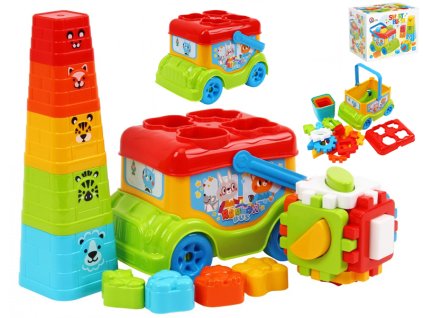 32492 motoricky set 3v1 autobus vkladacka pyramida a kostka mikro trading