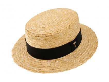 Letní slaměný boater klobouk / unisex žirarďák s černou stuhou / TONAK