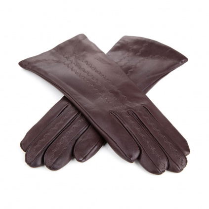 Dámské kožené rukavice s jemnou výšivkou od kraje do prstů - Bordó - BOHEMIA GLOVES