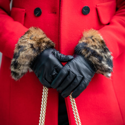 Elegantní kožené rukavice pro dámy s králičí kožešinou - Černá - BOHEMIA GLOVES