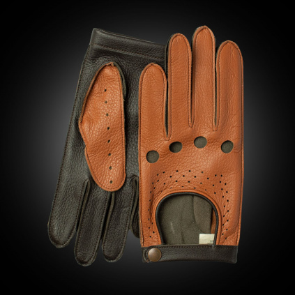 Kombinované pánské kožené rukavice na řízení z amerického jelena - Hnědá - BOHEMIA GLOVES