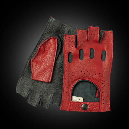Červeno-černé bezprstové kožené rukavice na řízení z amerického jelena - Červeno-černá - BOHEMIA GLOVES