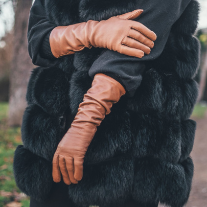 Dámské kožené rukavice na předloktí s kašmírovou podšívkou - Hnědá - BOHEMIA GLOVES