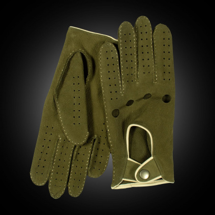 Luxusní ručně šité zelené rukavice na řízení - Zeleno-béžová - BOHEMIA GLOVES
