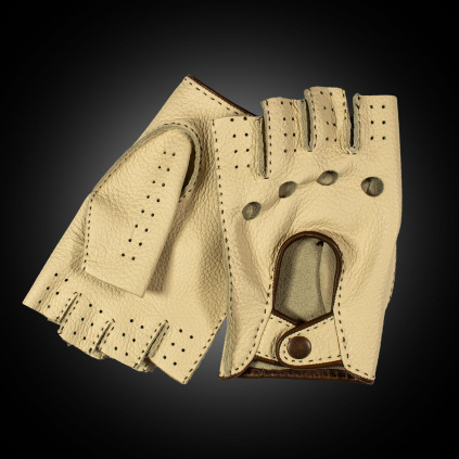 Prémiové ručně šité bezprstové rukavice z amerického jelena - Krémovo-hnědá - BOHEMIA GLOVES