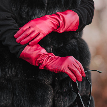 Dlouhé kožené rukavice se slabou podšívkou - Červená - BOHEMIA GLOVES