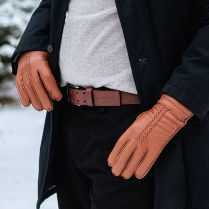 Pánské kožené rukavice z amerického jelena s kašmírem - Koňak - BOHEMIA GLOVES