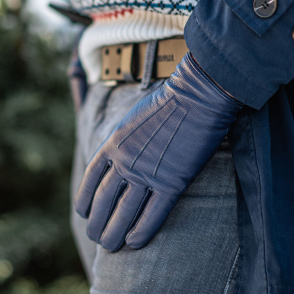 Pánské kožené rukavice s drukem v dlani - Modrá - BOHEMIA GLOVES