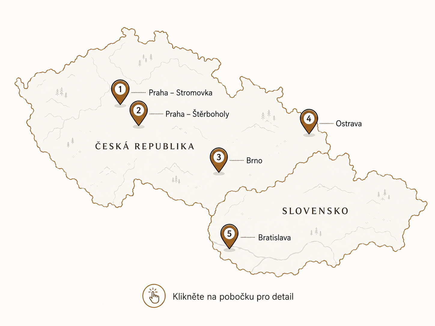 Mapa prodejen BOHEMIA GLOVES: Praha – Stromovka, Praha – Štěrboholy, Brno, Ostrava a Bratislava.