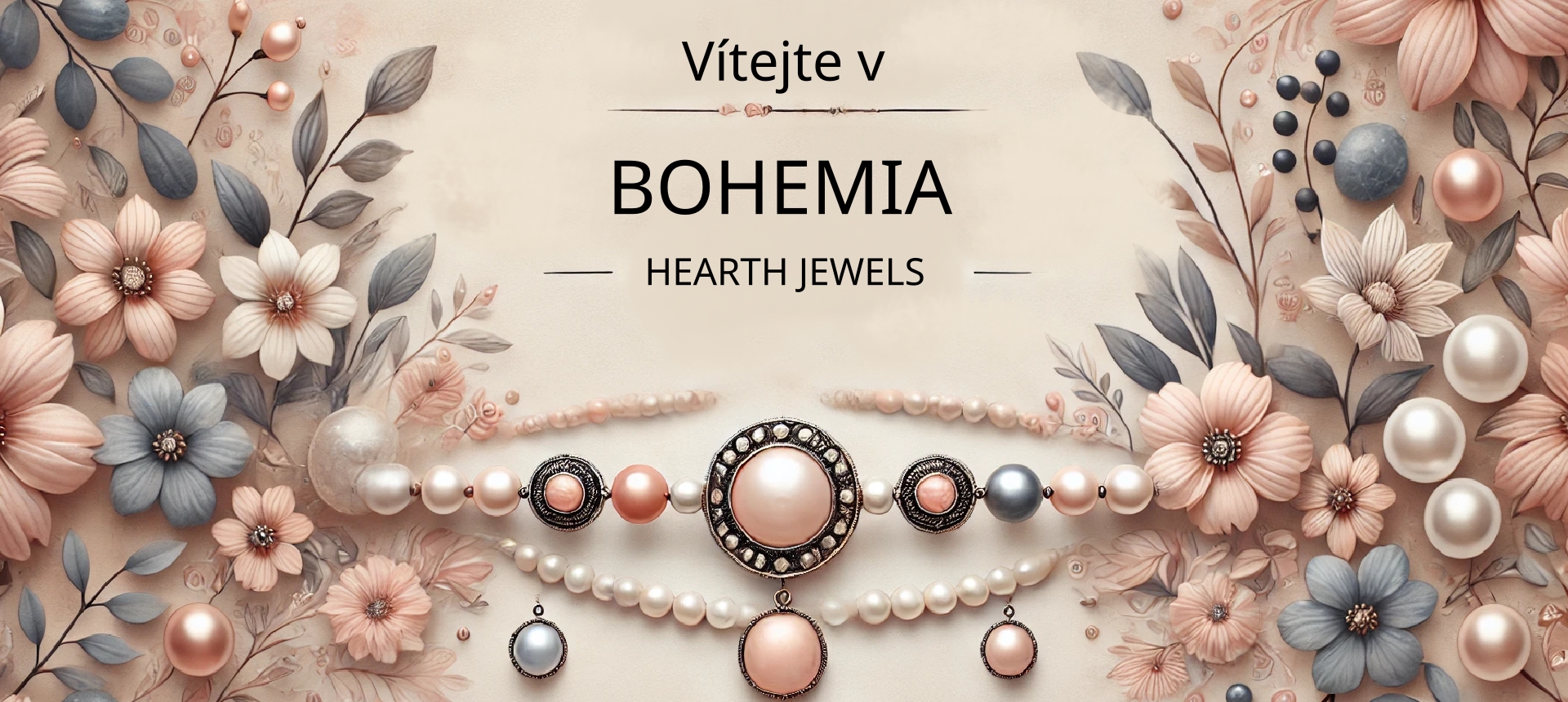 Banner s květinovým motivem a názvem Bohemia Heart Jewels