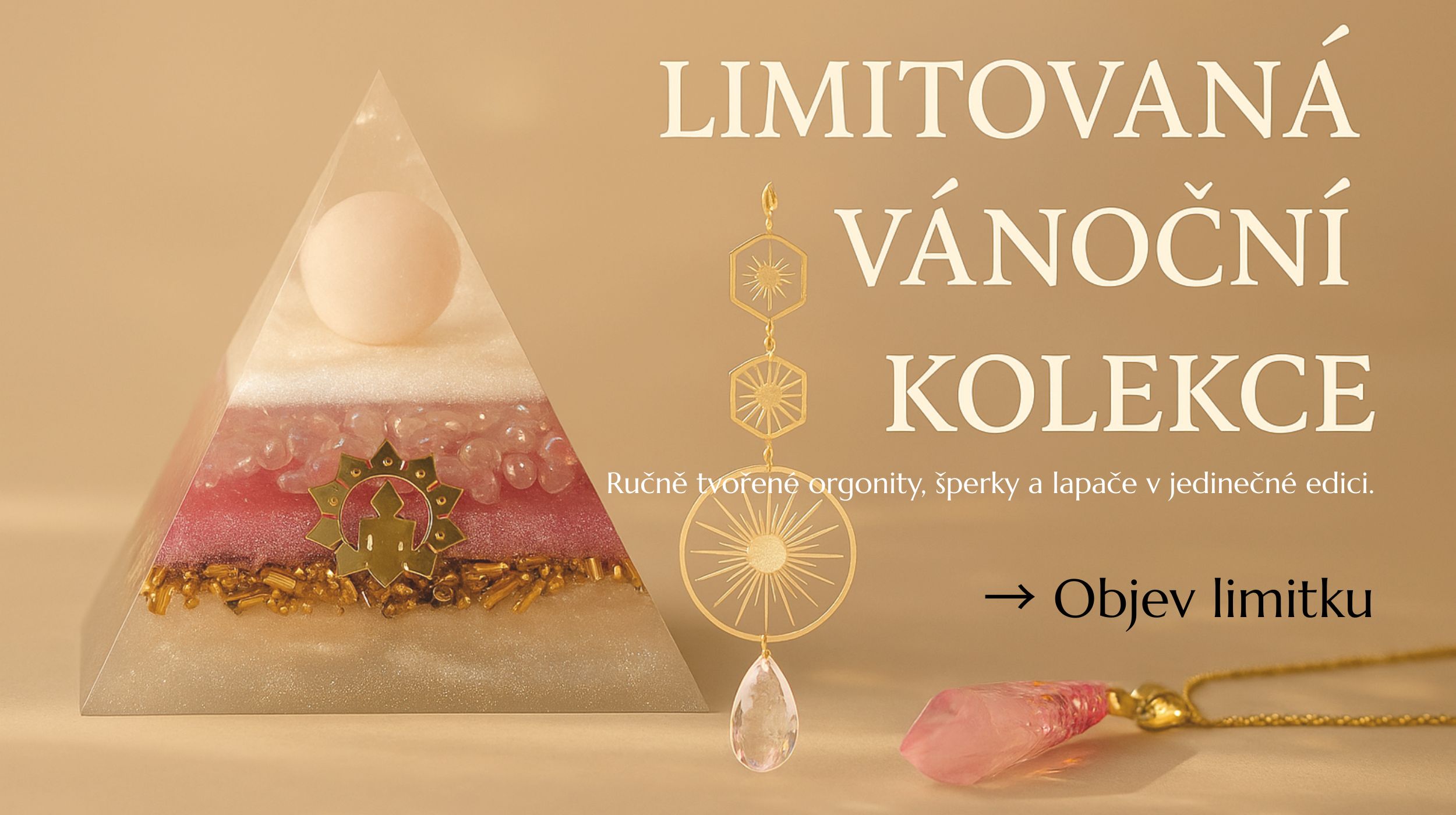 Ručně vyráběný orgonit s krystalem, lapačem slunce a šperkem v jemném vánočním aranžmá | BohoManie