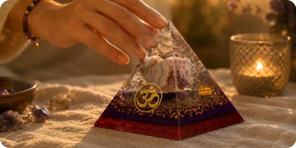 Orgonit pyramida s achátem a ametystem