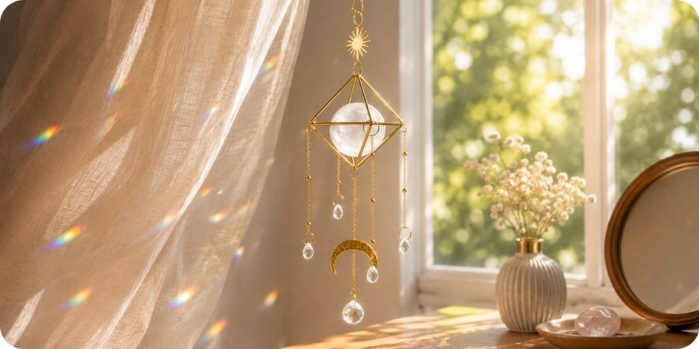 feng shui Lapač slunce se selenitem zavěšený u okna