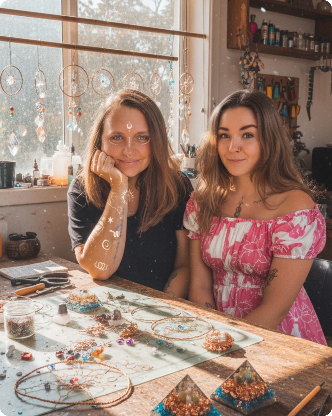 Míša a Bětka tvůrkyně z BohoMánie v dílně (ateliéru), kde tvoří lapače slunce, šperky a orgonity