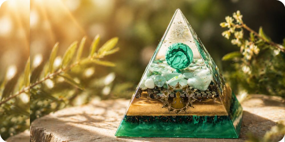 Orgonit pyramida s malachitem v jarním okně