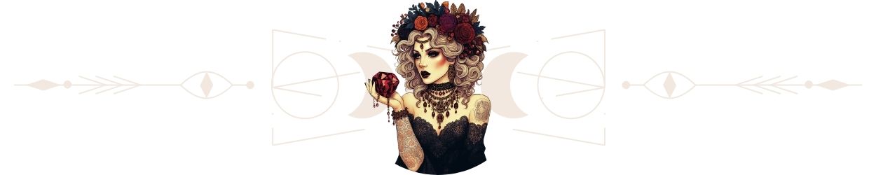 Postava ženy s krystalem u srdce, lunární symbol – dekorativní prvek článku o znamení Štíra.