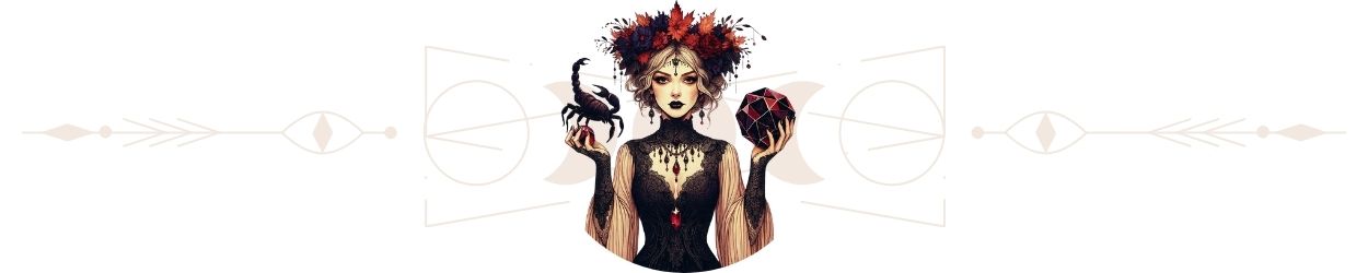 Mystická ilustrace ženy se symbolem štíra a krystaly – dekorativní předěl článku o Štíru.