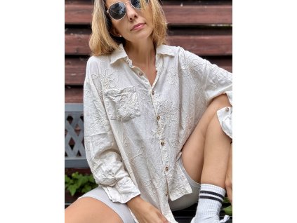🌿Ľanová boho košeľa s výšivkou a zapínaním na gombíky