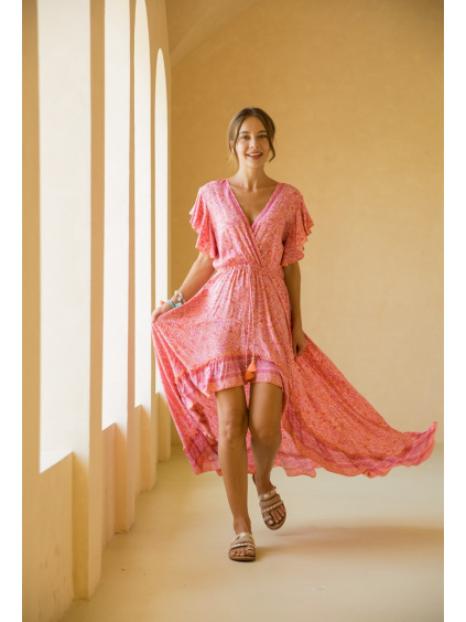 last queen robe longue cintree a la taille a imprime boheme avec col v9 pink 1