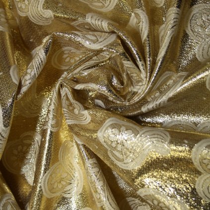Brokát s metalickým vláknem zlatobílý s květinovým vzorem
