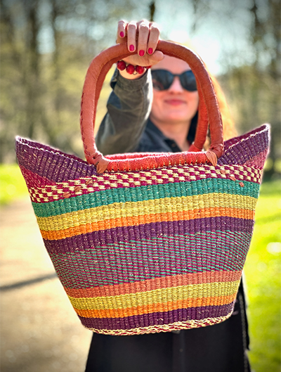 Close-up of a hand-knitted Bolga bag