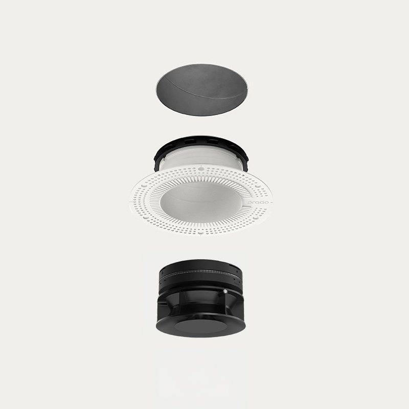 DucoVent Premium Trimless – rozložený pohľad: dizajnový disk, omietkový krúžok, telo ventilu