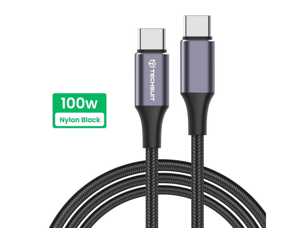 91029 techsuit datovy kabel type c na type c super rychle nabijanie pd 100 w 480 mbps nylon hlinikova zliatina 1 m cierny
