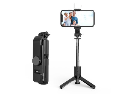57555 techsuit mini selfie stick l11s so stabilnym stojanom dialkovym ovladanim bluetooth a led svetlom 75 cm cierny