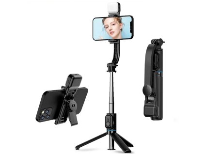 57576 techsuit selfie stick c01s so skladacim stabilnym stojanom dialkovym ovladanim bluetooth osvetlenim 107 cm cierny