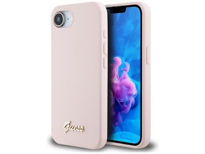 72312 guess silicone script metal logo magsafe kryt na iphone 16e ruzovy