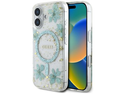 77460 guess hardcase resin flowers and glitter magsafe puzdro pre iphone 16 tyrkysove