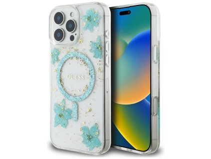 77466 guess hardcase resin flowers and glitter magsafe puzdro pre iphone 16 pro max tyrkysove